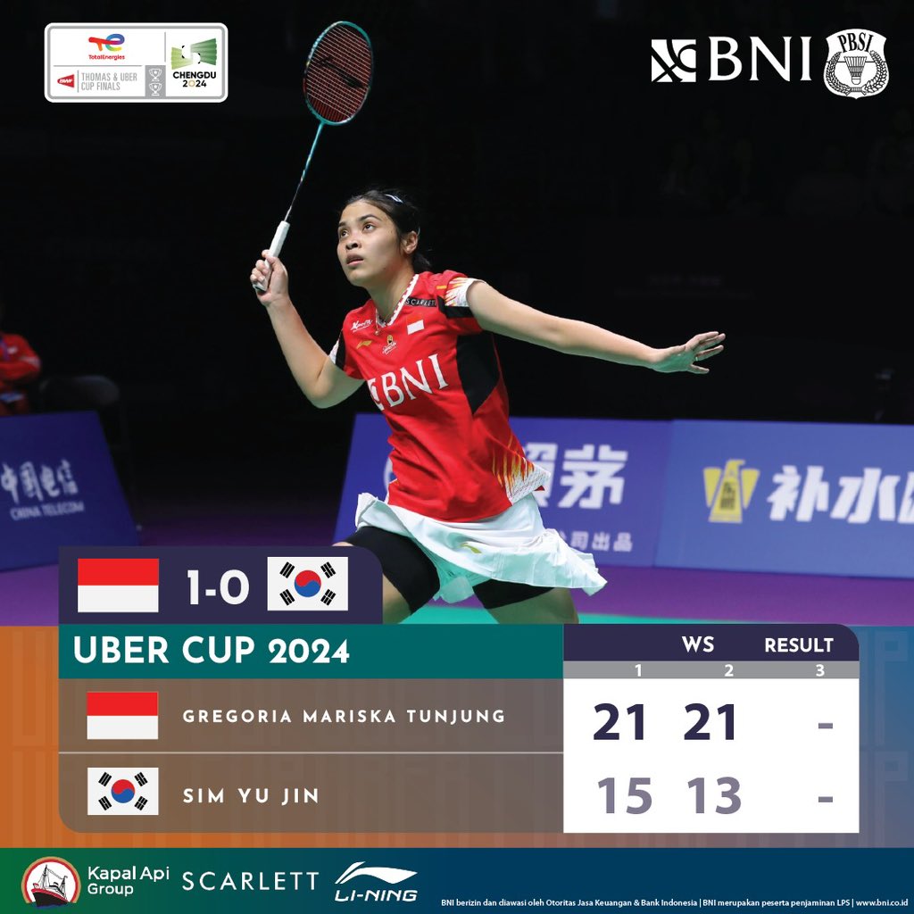 Gregoria Mariska Tunjung sukses membawa tim Indonesia unggul 1-0 atas Korea Selatan setelah mengandaskan perlawanan Sim Yu Jin dua gim langsung.

Menyala Indonesia! Rebut kemenangan di partai kedua! 💯🔥🇮🇩

#KitaIndonesia
#BadmintonIndonesia #ThomasCup2024 #UberCup2024