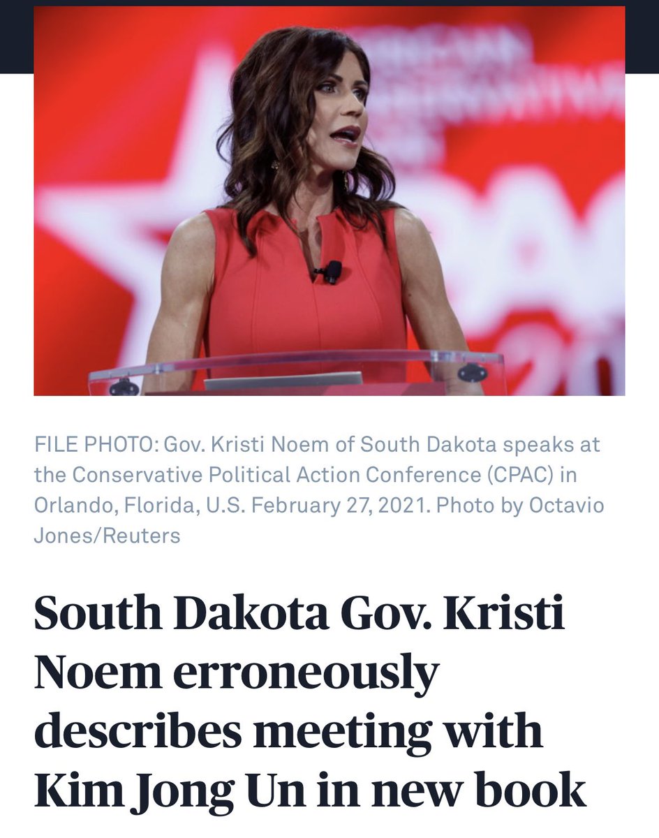 Kristi Noem’s first claimed she had a meeting w/NK dictator Kim,while in Congress. It was a total fabrication. She also said that she had a schedule meeting w/French Pres.Macron. But she decided to cancel. The French president office said he never had a meeting scheduled w/her