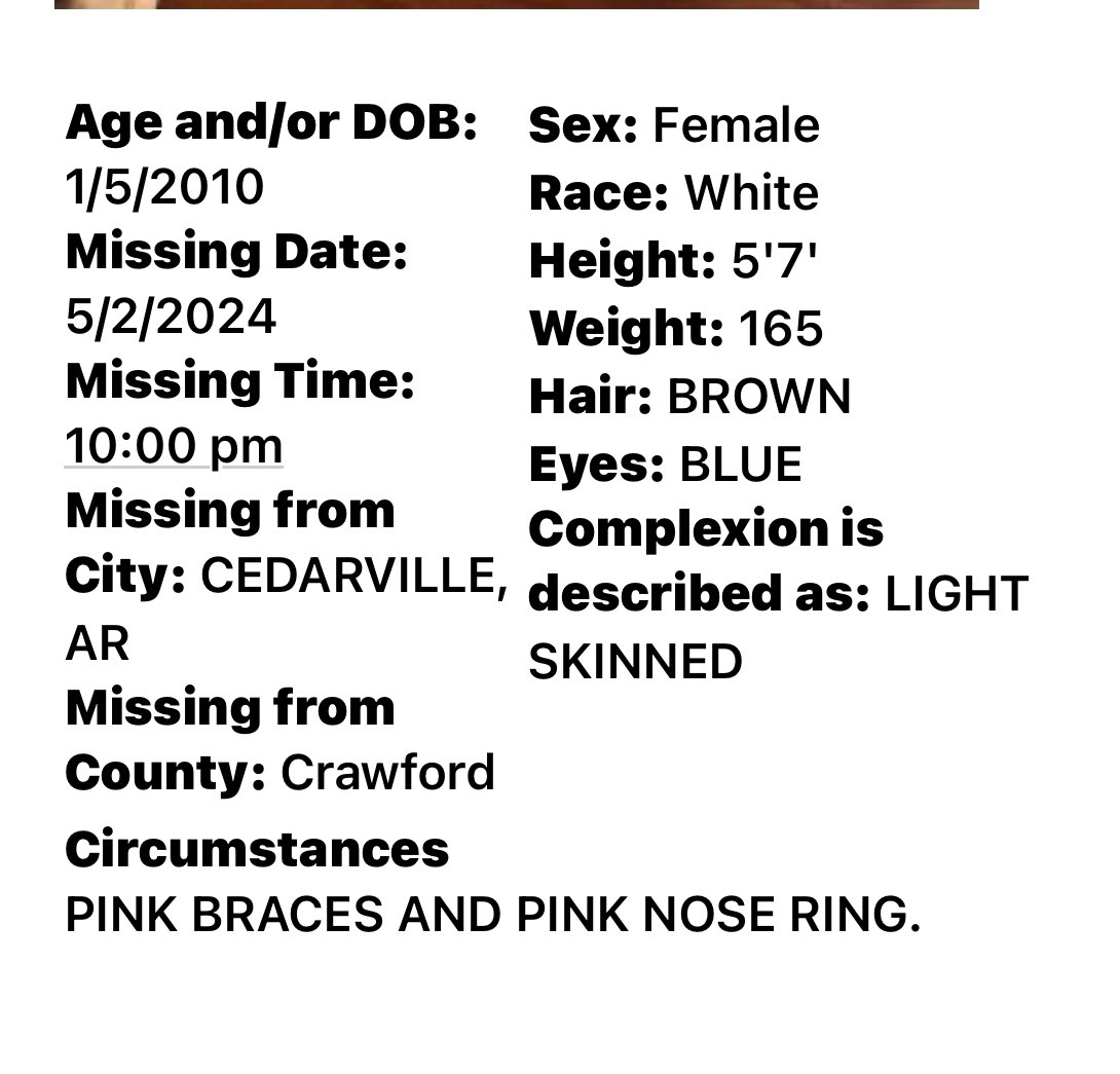 RETWEET to help find Abbey Jolynn Force who is missing out of Cedarville, AR #ARnews