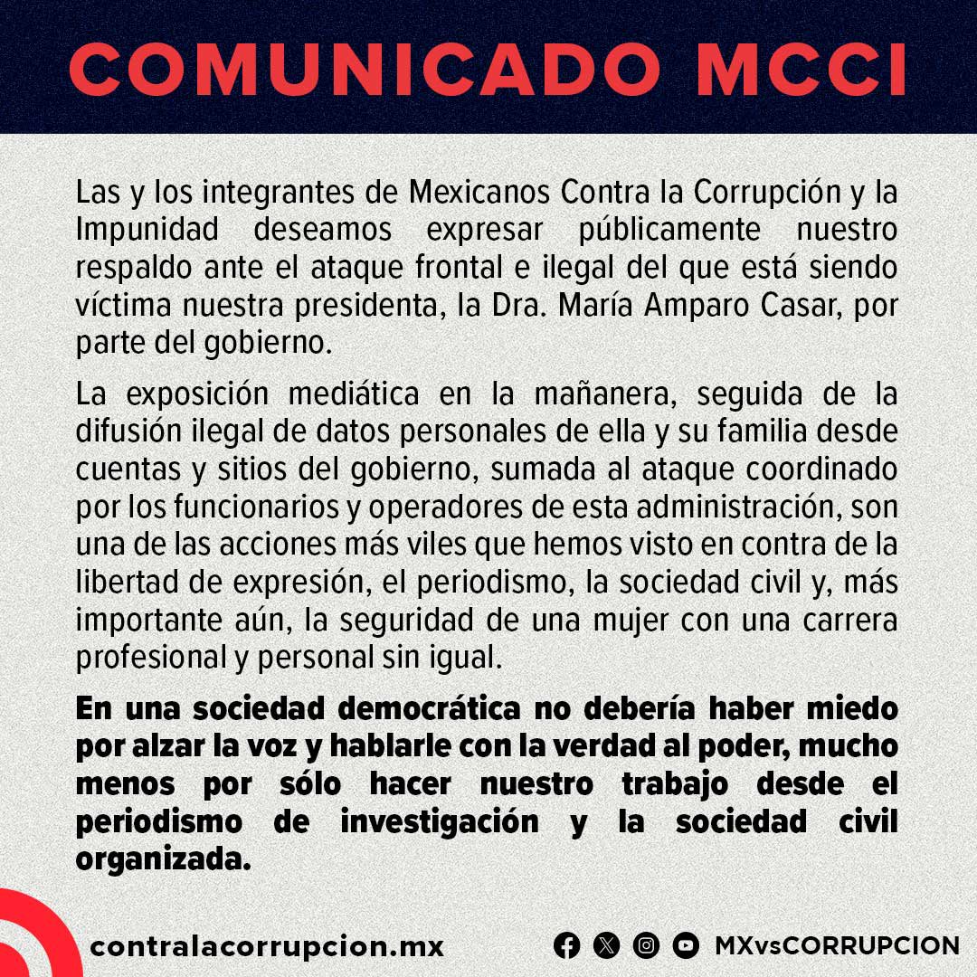 🔴 Desde @mxvscorrupcion expresamos nuestro repudio ante los ataques ilegales del presidente @lopezobrador_ contra la Dra. @amparocasar. En una sociedad que se dice democrática las voces disidentes no pueden ser perseguidas.