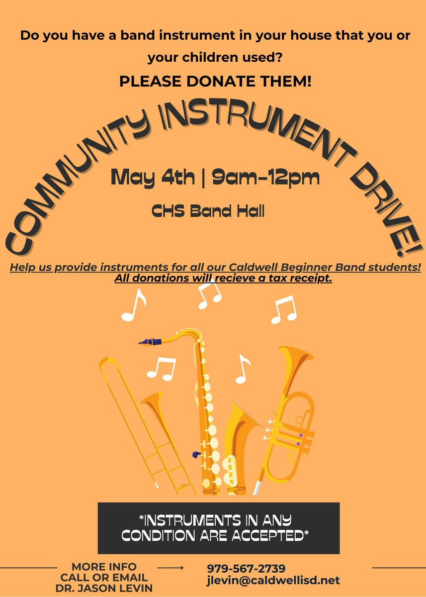 caldwellband979's tweet photo. Just a reminder that tomorrow (SATURDAY) is our first community instrument drive!! Turn your instrument into a legacy for the next generation of Hornet Band members! We will have students outside @CHS_CaldwellTX to collect your used instruments! https://t.co/4ezQ32HmX9