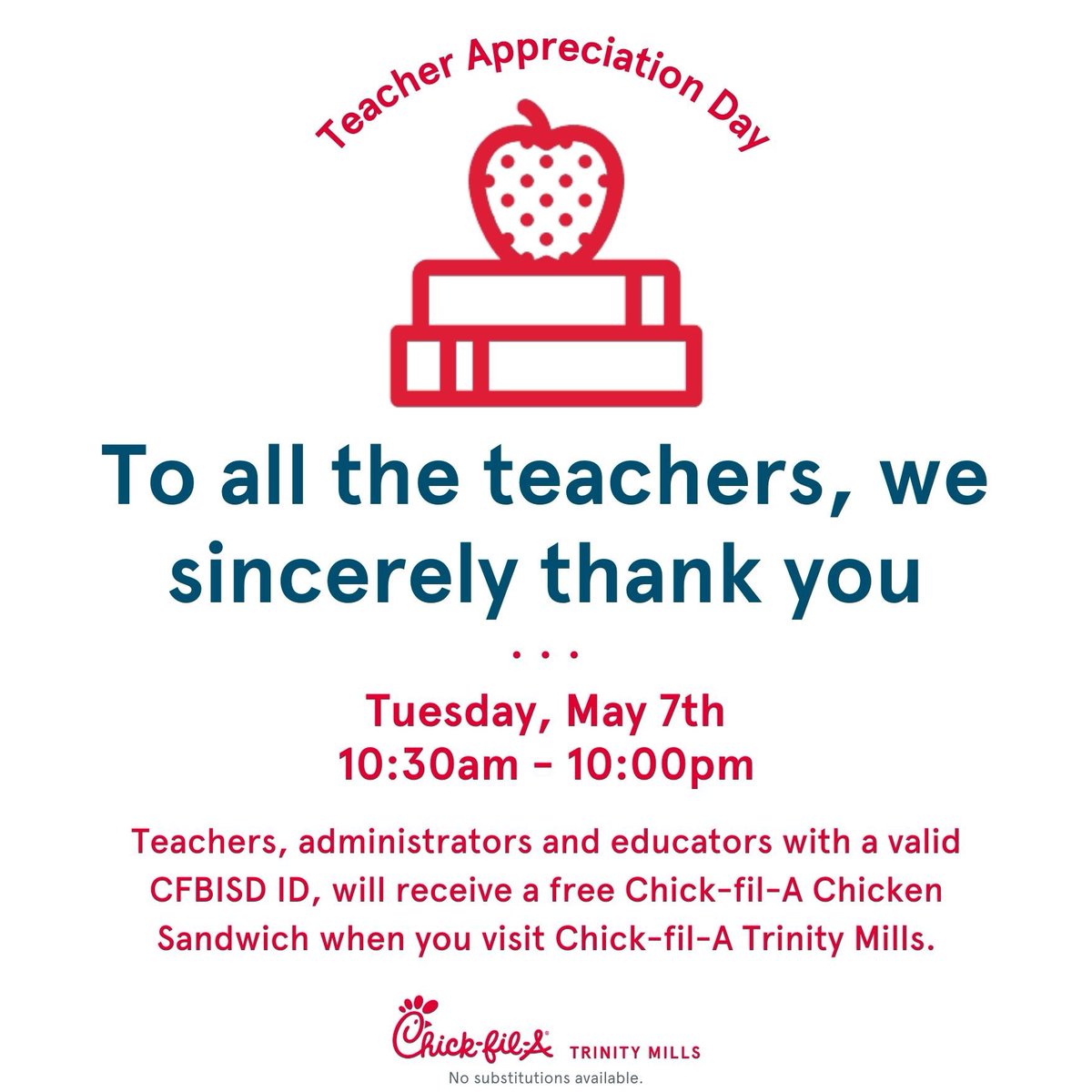 ✔️Mark your calendar 🗓️ ✔️Thank you Chick-fil-A Trinity Mills (2425 Old Denton Rd, Carrollton, TX) for supporting our @CFBISD teachers, educators and staff! Tuesday is the day for a #freechickfila🍎 Bring your CFBISD ID to redeem ❤️ #TeacherAppreciationWeek