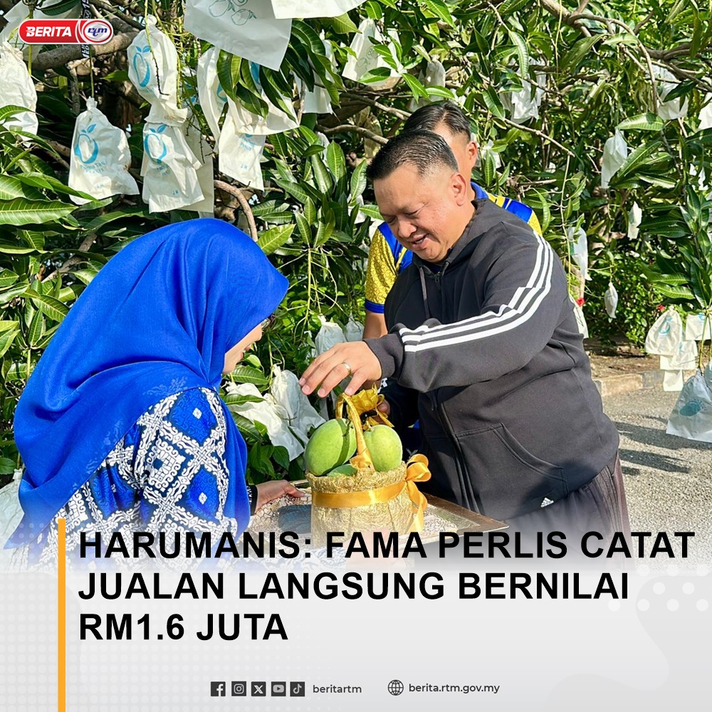 Ia melibatkan 19 pengusaha dengan 81,240 kilogram jualan buah

instagram.com/p/C6h5cpTP247/

Malaysia MADANI : Tekad Perpaduan Penuhi Harapan

'Yang sahih di Berita RTM'
#RTM #BeritaRTM #MalaysiaMadani