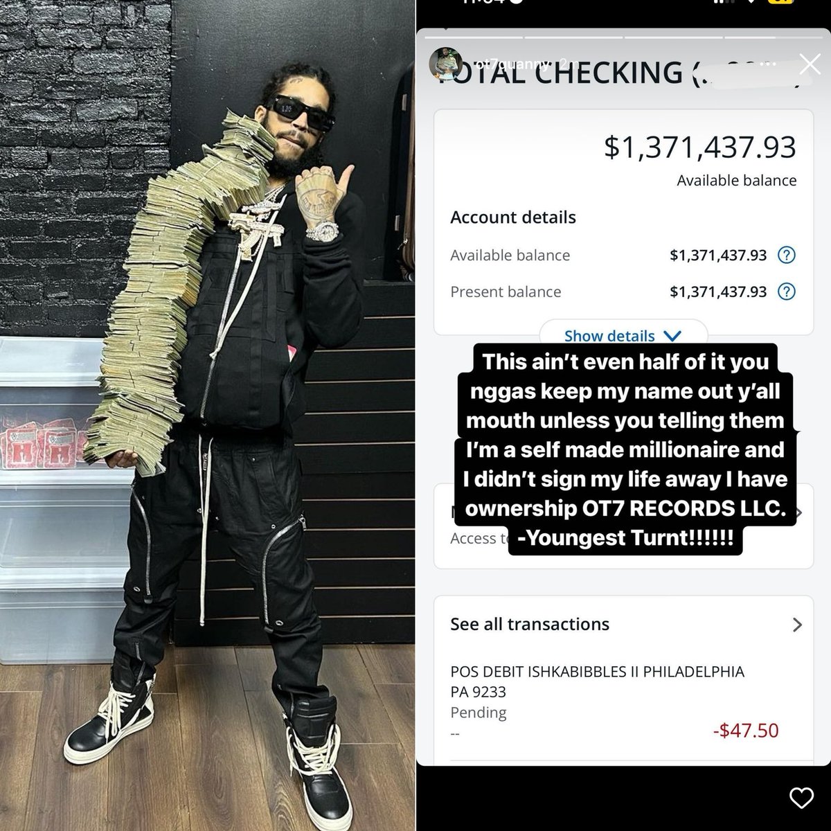 Philly rapper OT7 Quanny shows off $1.3 million in his bank account