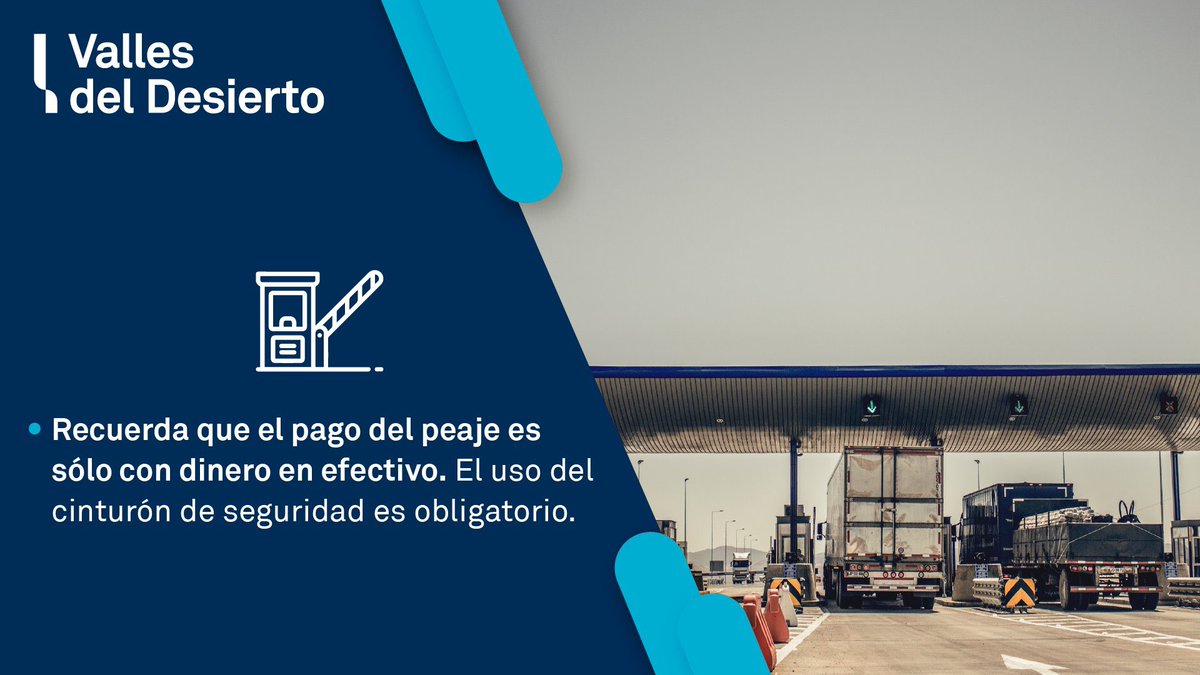 [INFORMACIÓN] 💵 Recuerda que el pago del peaje en nuestras plazas #Totoral y #PuertoViejo es sólo con dinero en efectivo. Lleva sencillo para evitar contratiempos. 👉 El uso del cinturón de seguridad y sistemas de retención infantil es obligatorio. #Ruta5 #Vallenar #Caldera