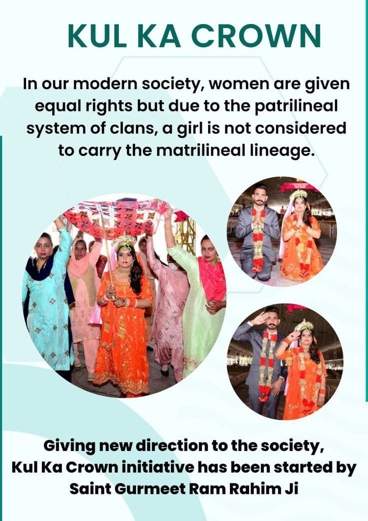 Now the girl can also continued parental inheritance, An initiative started by DSS for empowering women. Many marriages of such
#TheProudDaughters means
 Kul Ka Crown have been organised under the guidance of Saint Ram Rahim Ji.