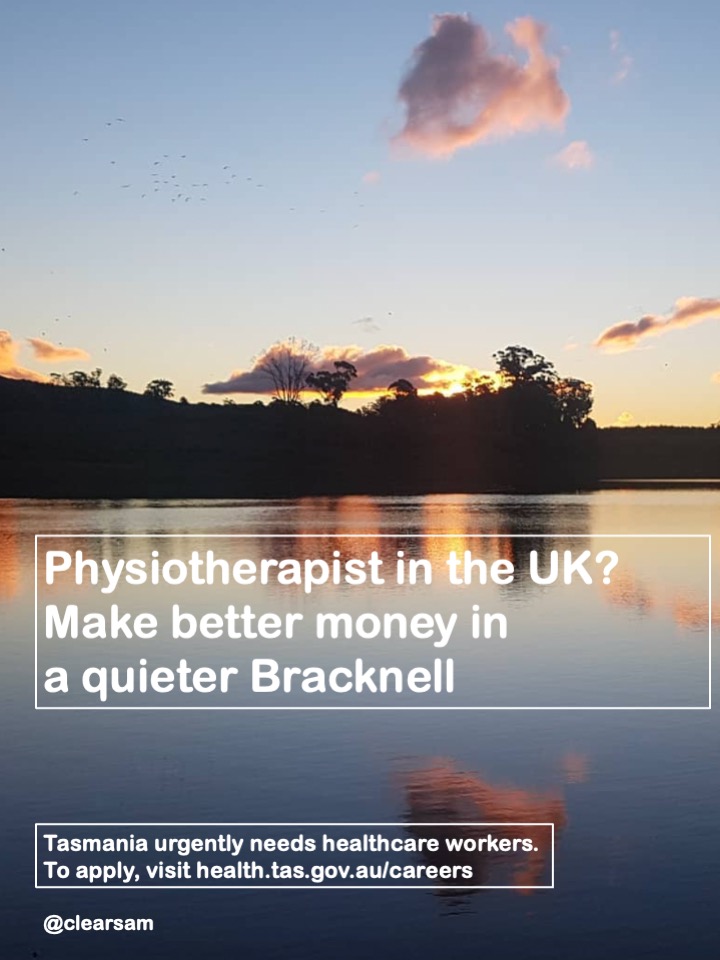 Healthcare workers in the UK. This is Bracknell in Tasmania. They drive on the same side of the road, watch much the same TV and they pay more. Face it. You need Tasmania as much as Tasmania needs you. Apply here: health.tas.gov.au/careers #NHSJobs #Bracknell
