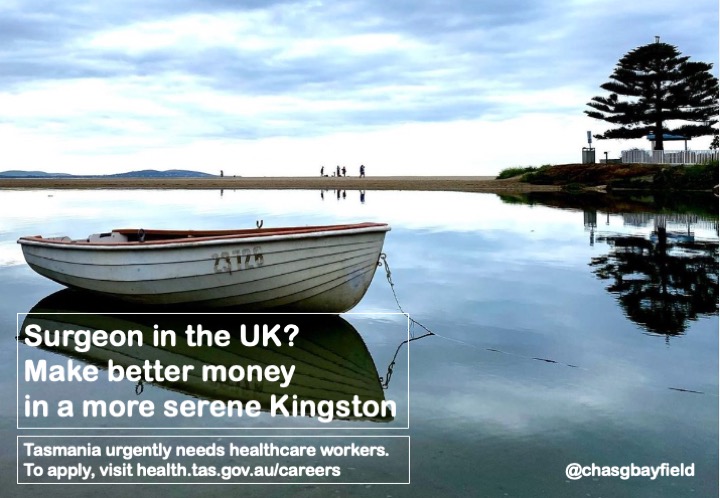 Healthcare workers in the UK. This is Kingston in Tasmania. They drive on the same side of the road, watch much the same TV and they pay more. Face it. You need Tasmania as much as Tasmania needs you. Apply here: health.tas.gov.au/careers #NHSJobs #Kingston