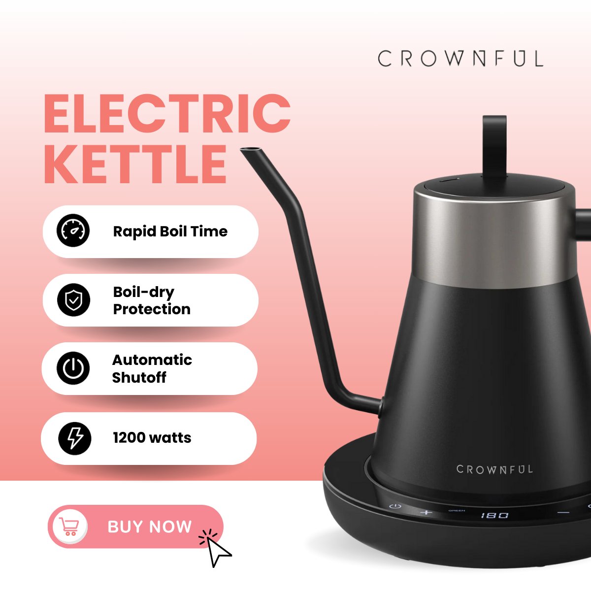 Meet your sleek kitchen essential! ⚡️ Say goodbye to hassle with our ELETRIC KETTLE featuring rapid boil, boil dry protection, and automatic shut-off. Get yours now! 🔥☕️ zurl.co/GVmR #EfficientBoiling #SmartKitchen #Crownful