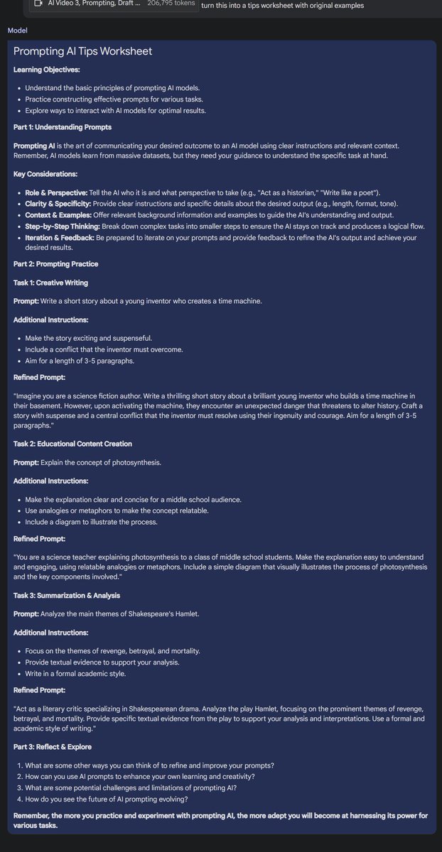 I think people are still missing how much LLMs can do when given giant context windows and multimodal abilities. I gave Gemini 1.5 an upload of a video we did on prompting last year (here: youtube.com/watch?v=wbGKfA…) & asked it to create a worksheet with original examples. Nice.