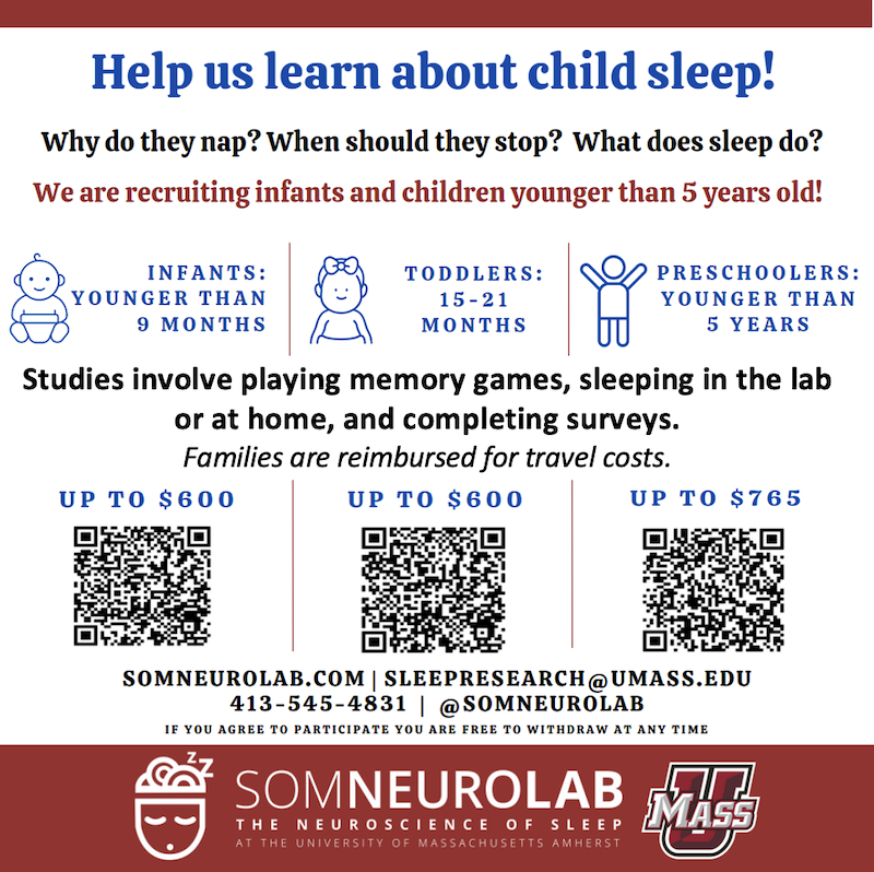 🌙 UMASS Amherst's Somneuro Lab is exploring sleep and memory in kids. 😴 Participate and earn compensation! More info: conta.cc/3JJ2jDU

#SleepResearch #Memory #WesternMass