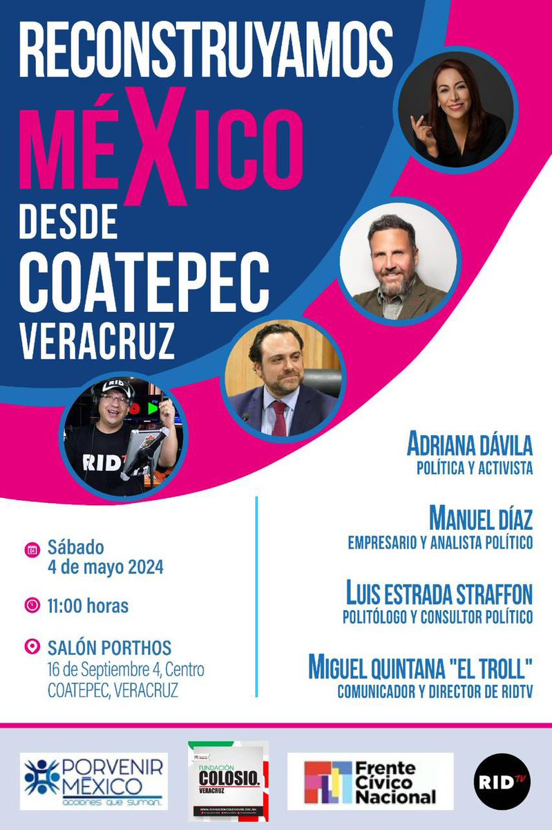Mañana sábado, los esperamos en #SalonPorthos en #CoatepecVeracruz #ReconstruyamosMexico con la participación de @AdrianaDavilaF @diaz_manuel @luisestrada_ y @Quintana_Troll Un placer recibirlos en #Veracruz ¡Los esperamos¡