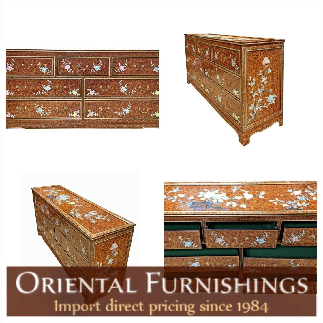 #blueandwhite 64' Oriental Dresser inlaid Mother of Pearl Floral Design Seen here: bit.ly/4aRdPZT