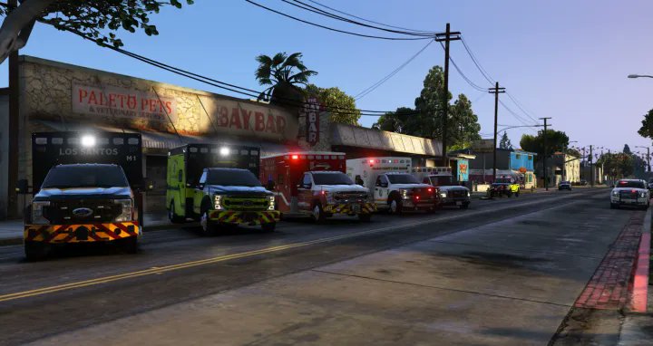 All available LSFD, BCFR, and AMR units were requested to Paleto Bay after a large-scale police incident with multiple injuries. Responding units were CMD 30, Safety 21, M1, M3, M4, R4, M5, M9, AMR 601, and Medical Examiner 928. 6 People were pronounced and 1 transported by air.