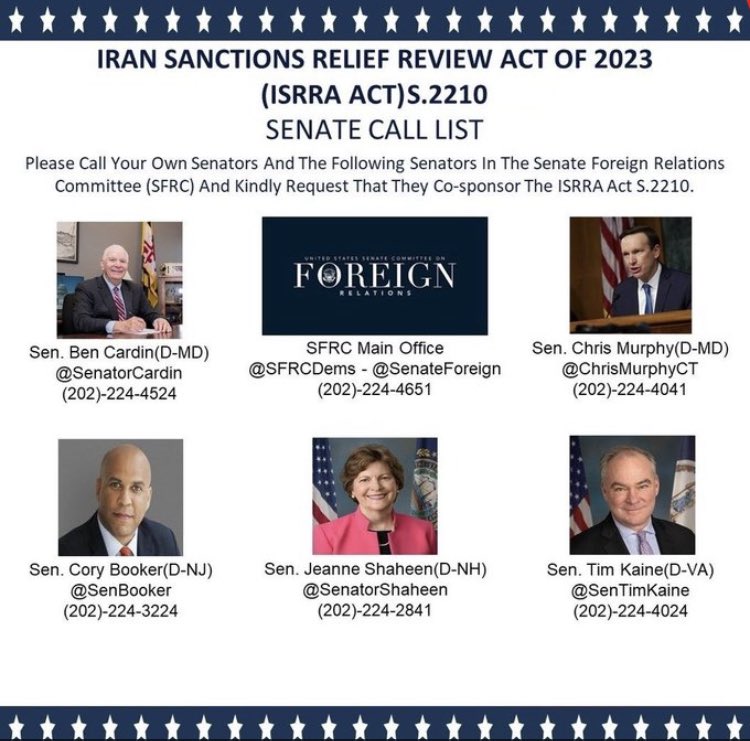 Let’s get the #ISRAA Act (Iranian Sanctions Relief Review Act) co-sponsored! Call your senators in the coming weeks and asked for this bill (S.2210) to be co-sponsored.