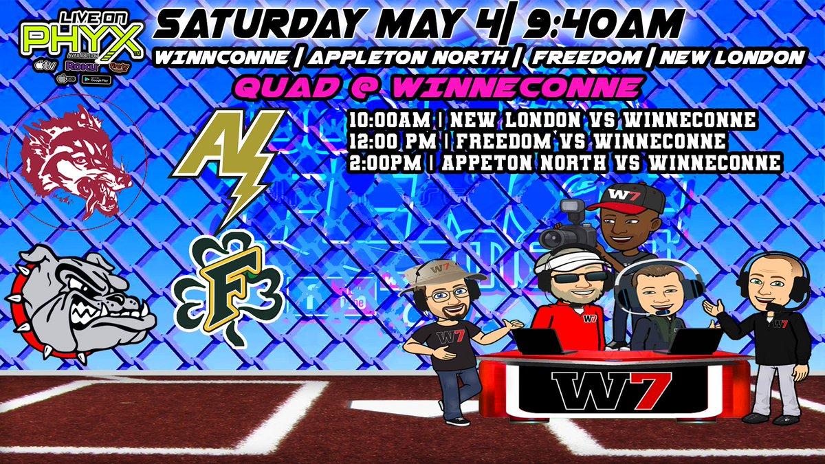 SATURDAY IS OUR BIGGEST SOFTBALL DAY OF THE SEASON!!! Six! 6 Games coming to you LIVE and FREE on W7! Watch on PHYX TV or YouTube! 1⃣0⃣ AM 🥎 West De Pere 🆚De Pere 🥎 New London 🆚 Winneconne 1⃣2⃣PM 🥎 Fond du Lac 🆚 West De Pere 🥎 Freedom 🆚 Winneconne 2⃣PM 🥎 Fond…