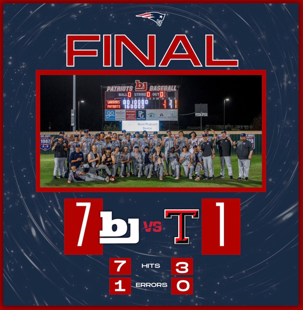 BJHSBaseball's tweet photo. Final Four Baby!!!!!!!! Pats win, Pats win!!!! 

@Jackshaw2443 wins the shirt on the bump!!! https://t.co/m7fzpD0dak