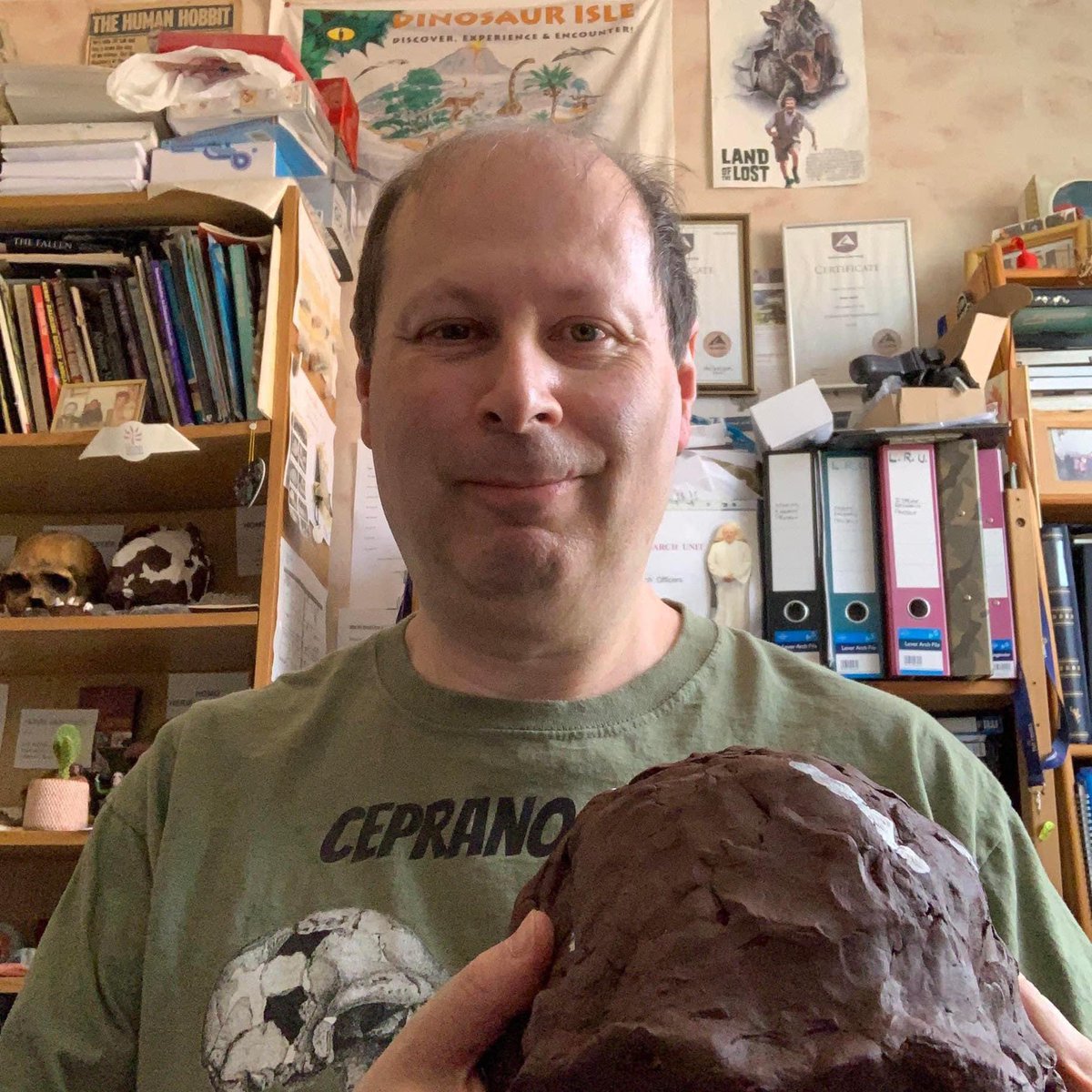 At the Palaeontology Dpt, London’s Natural History Museum with the original Kabwe 1 (Broken Hill) skull, and at the Lewis Research Unit with a replica of the Ceprano skull.. both classed as Homo heidelbergensis..