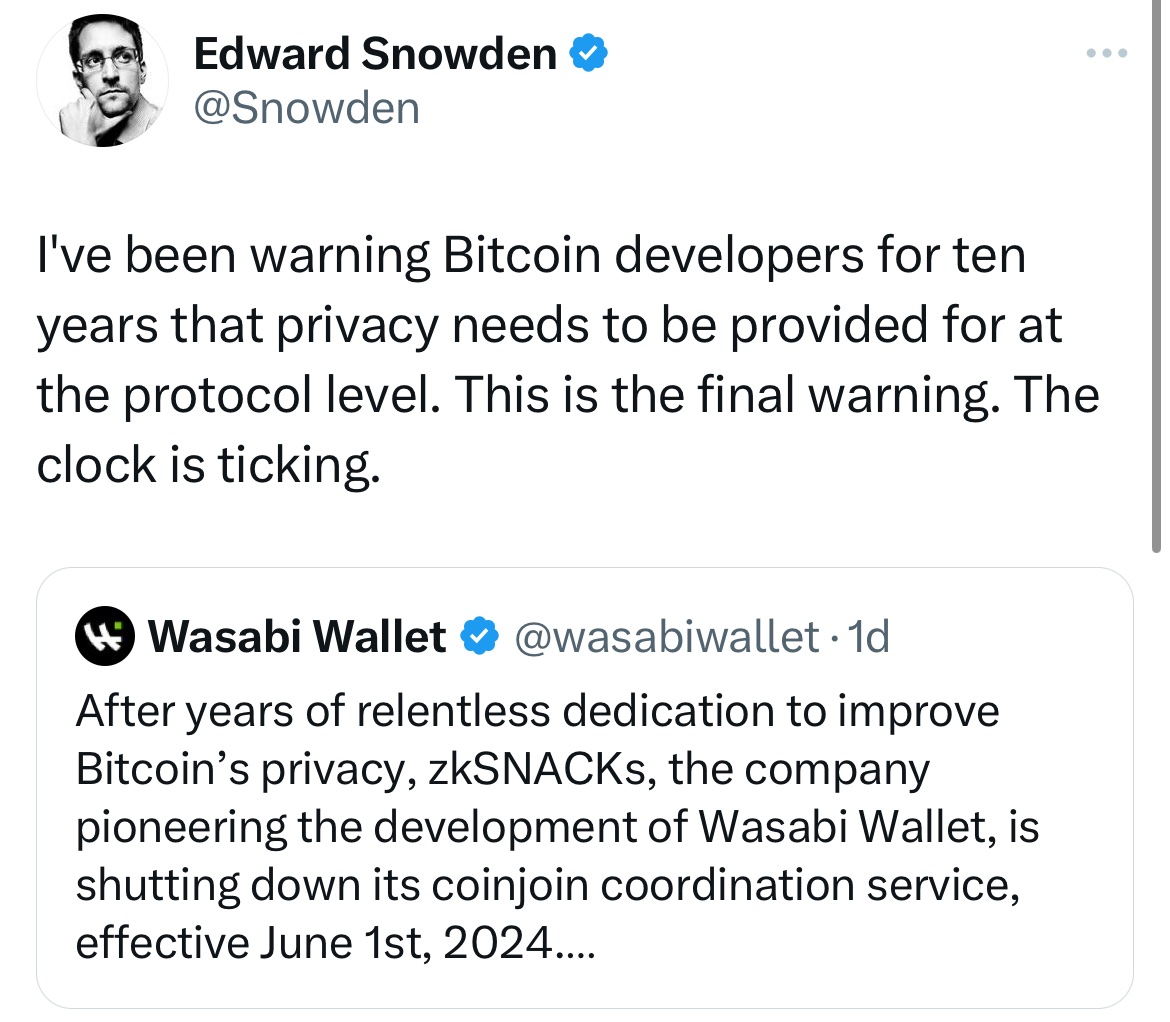 NEW: Following the crackdowns on Samourai, Wasabi, and other crypto mixer services by the United States 🇺🇸 government, Edward Snowden has sounded the alarm against the erosion of privacy, urging #Bitcoin developers to prioritize it at the protocol level.