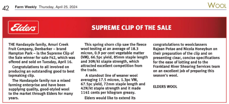 DohneAus's tweet photo. Elders SUPREME CLIP of the sale AWARDS
Congratulations Handasyde Family, Denbarker WA
DOHNE WOOL
Report courtesy of @farmweekly
#Dohnes #DohneMerino #MLA #AWI #wool #elders #supremeclip #networking @EldersWool https://t.co/3F67hLBEfT