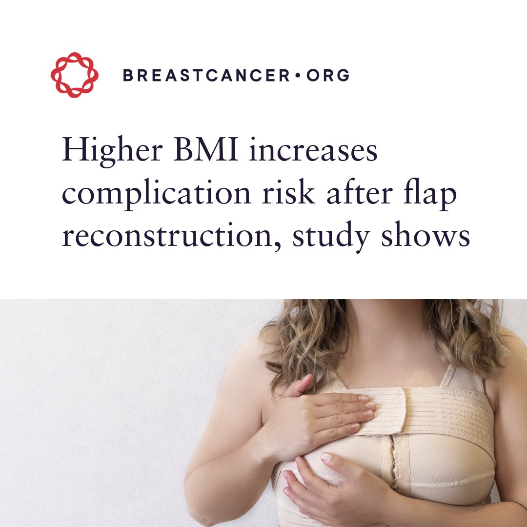 Women with a higher body mass index (BMI) have a higher risk of complications like infection, flap necrosis, and hernia after flap breast reconstruction, a recent study shows. bit.ly/4a4mg2O #breastcancerresearch #breastcancer #breastreconstruction #breastsurgery