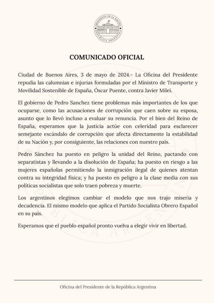 El gobierno de Milei entró en un nivel de locura y demencia total. Ahora ataca al gobierno español. Hace rato que el juicio político debería haberse iniciado contra un psicópata como Milei.