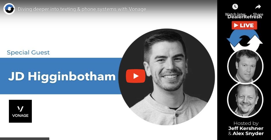 dealerrefresh's tweet photo. This weeks #RefreshFriday - Diving Deeper into Texting &amp; Phone Systems w/ JD Higginbotham of Vonage. We go live Friday at 1pm --> https://t.co/yGakEpWMnV https://t.co/st6VvSjXmq