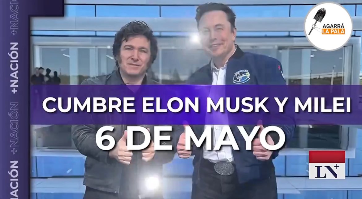 El presidente Milei se va a juntar de nuevo con su MEJOR AMIGO Elon Musk el 6 de mayo: 'LE QUIERO MOSTRAR LOS BOCETOS DEL NUEVO TESLA MODELO 'MILEI' QUE VA A SER UN DEPORTIVO CONVERTIBLE' declaró el empresario. TREMENDO LOCO.