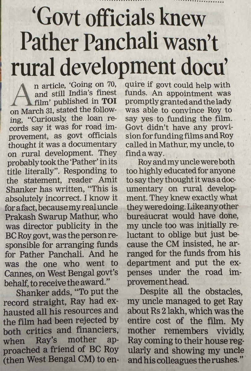 Do you know how one of India’s greatest film ‘Pather Panchali’ was made? The CM of Bengal granted Rs 2 lakh to make a rural development Docu knowing well that Ray was making a feature film. Some of the greatest art has been created when the state empowered artists. But now…Alas!