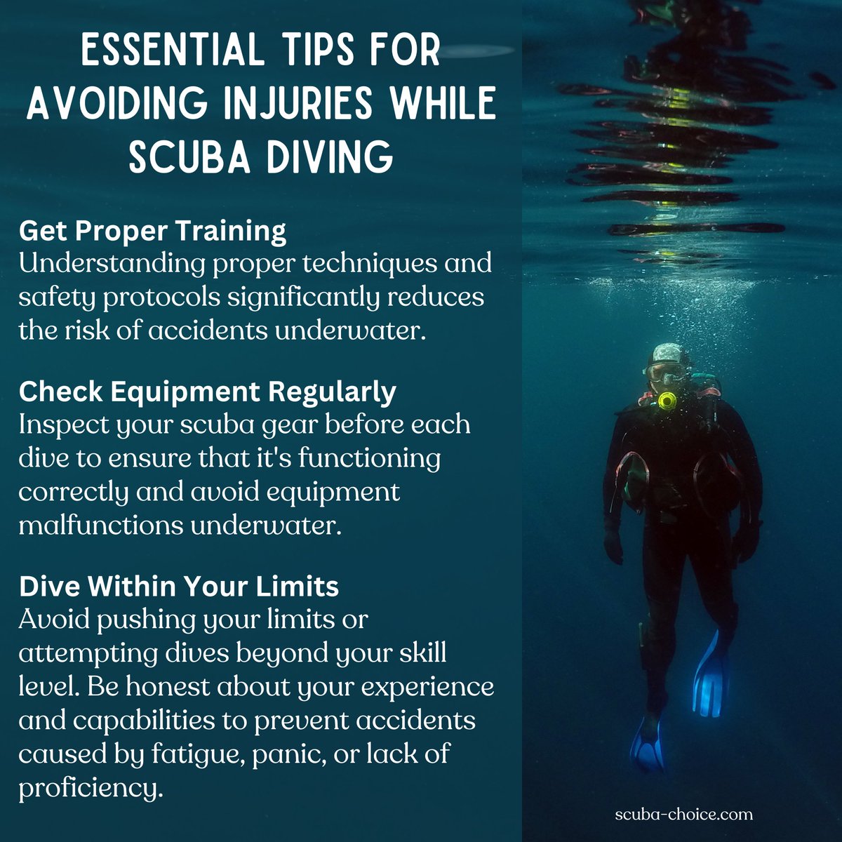 ScubaChoice's tweet photo. Just like with other sports, scuba diving can expose you to safety risks. Fortunately, you can
avoid getting injured if you know the right steps to take.
#SafeDivePractices #AvoidDiveAccidents #ScubaSafety https://t.co/DsOoaoVCUq