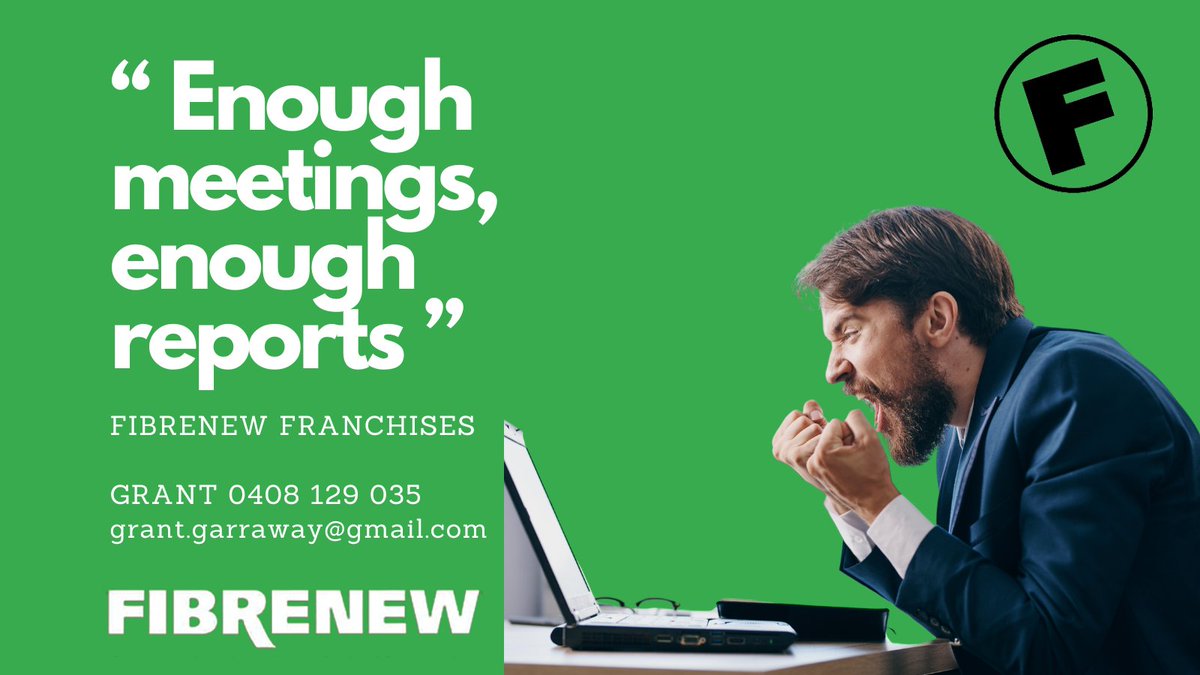 Enough meetings
Enough reports

Enough being stuck in mediocre middle management, micro management madness

@Fibrenew_Intl #franchiseopportunity now available in Australia

Call Grant 0408 129 035
grant.garraway@gmail.com

#beyourownboss
#franchiseconsultant