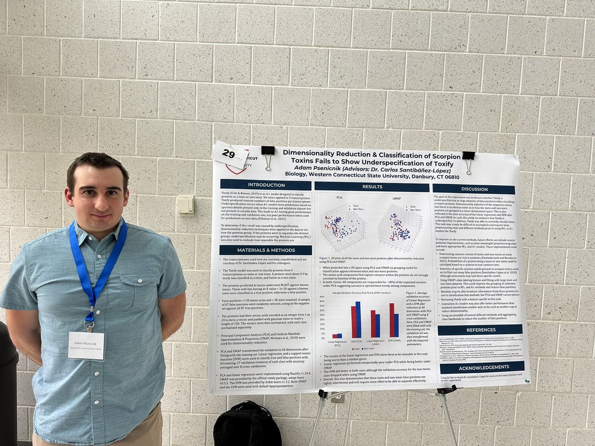 arachnomics's tweet photo. Adam Psenicnik presented his research at #WRD #WCSU on scorpion toxin processing through AI. Kudos Adam!! https://t.co/T8ucUQafWs