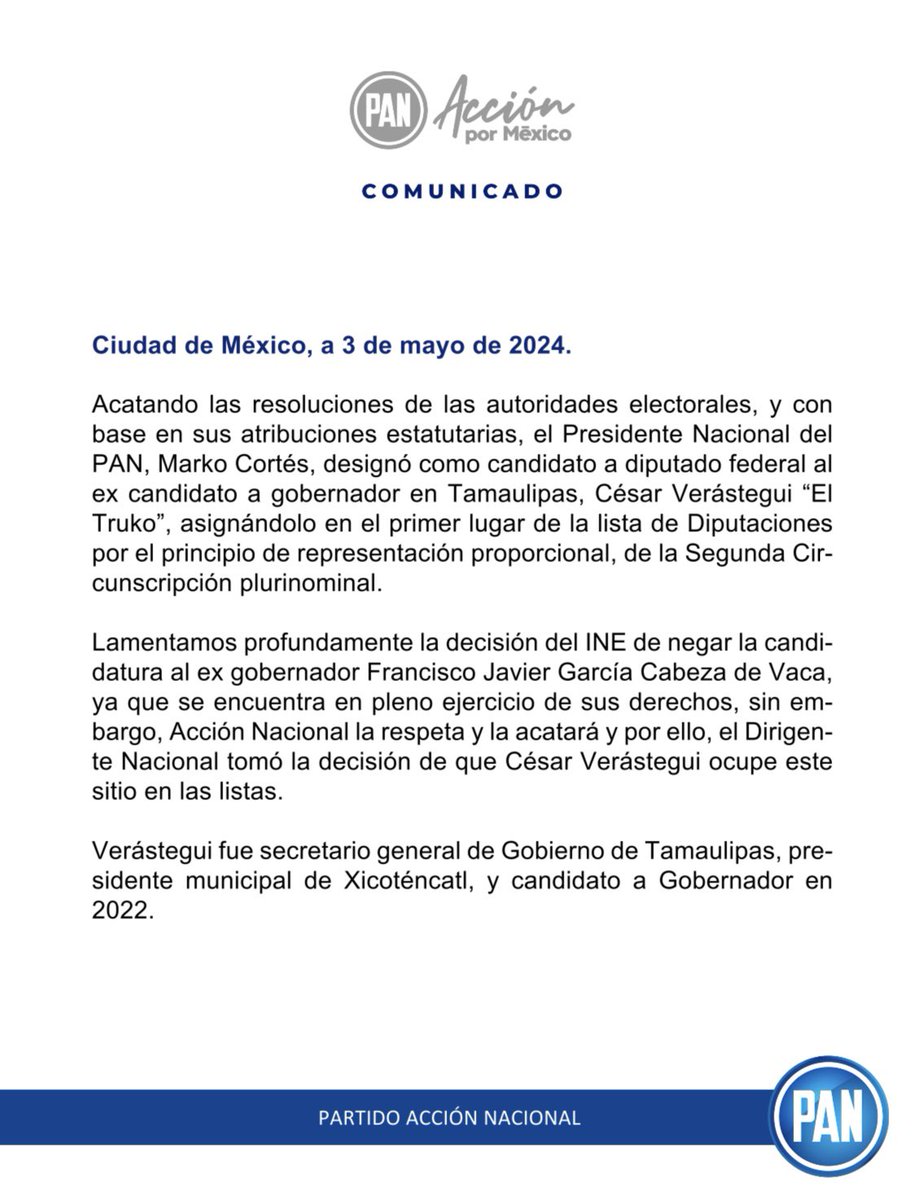 En respuesta a la decisión del TEPJF, Marko Cortés, líder del PAN, retira la candidatura para diputado federal a Francisco Cabeza de Vaca, exgobernador de #Tamaulipas, señalado como prófugo de la justicia con dos órdenes de aprehensión. #Justicia #Transparencia