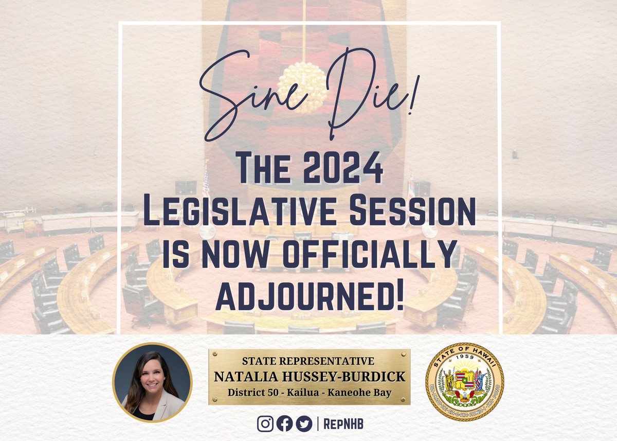 RepNHB's tweet photo. Sine Die! The 2024 Session is officially over. 

We were able to pass several good bills this year, including one that reestablishes the Office of the State Fire Marshal (SB2085), and another that adds 44 new positions to the HDOA to help fight invasive species (HB2619).

#RepNHB https://t.co/Zy4qke48h2