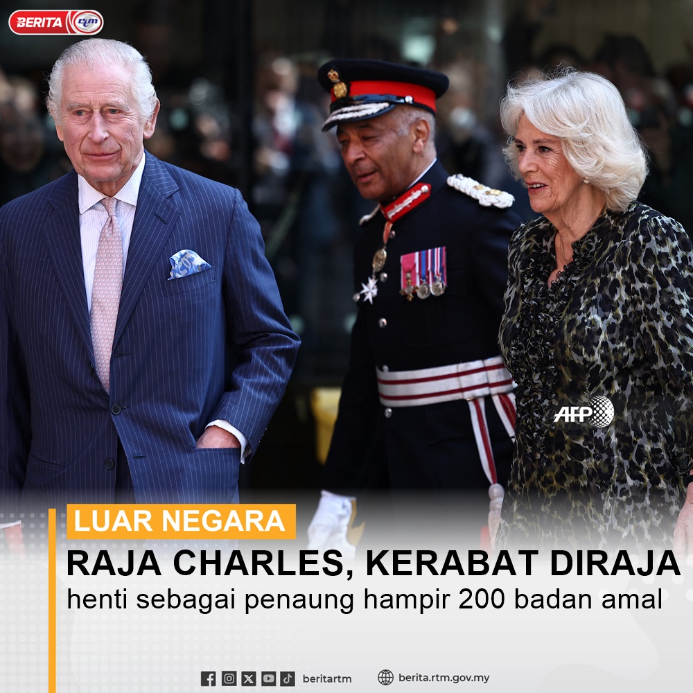 Raja Charles III dan kerabat diraja Britain akan berhenti menjadi penaung kepada hampir 200 badan amal dan pertubuhan selepas menyemak semula terhadap 1,000 kumpulan

berita.rtm.gov.my/dunia/senarai-…

'Yang sahih di Berita RTM'
#RTM #BeritaRTM #MalaysiaMadani