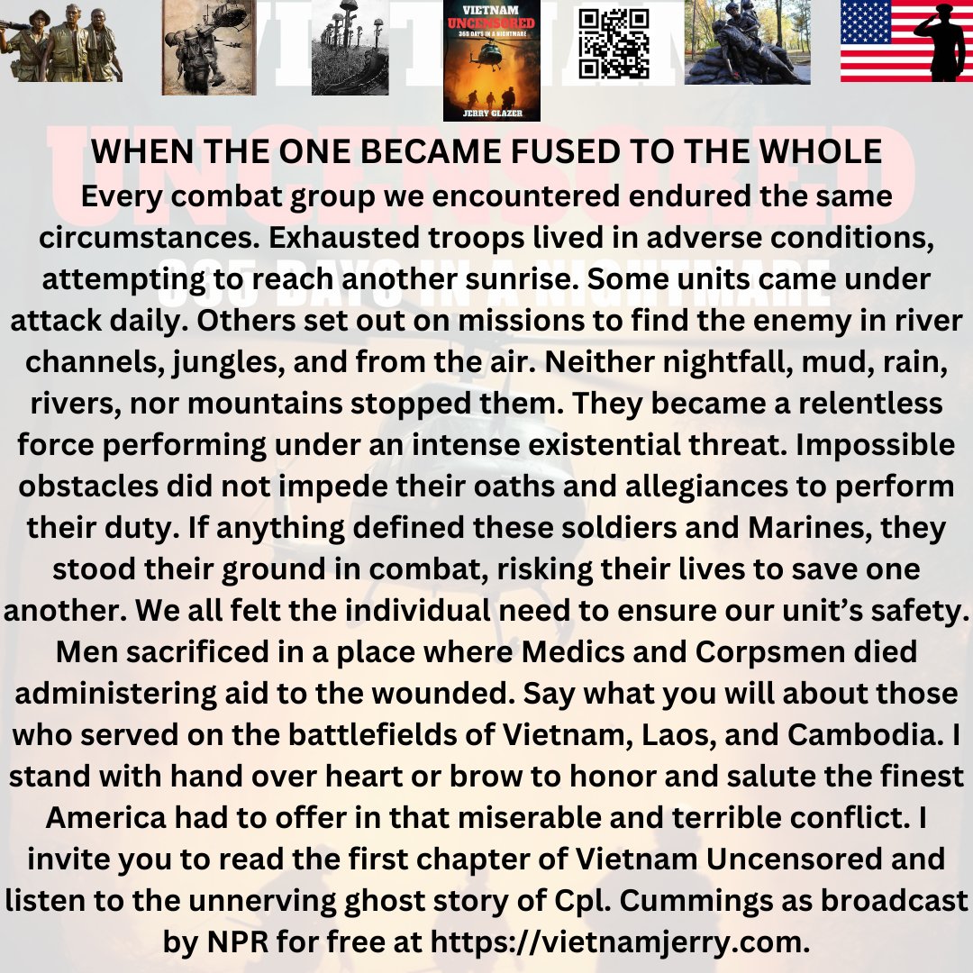 WHEN THE ONE BECAME FUSED TO THE WHOLE
They stood their ground to save one another.
Insights into Vietnam Uncensored
vietnamjerry.com
@CasamentoArrigo
@SeaChangeDesig1
@MartinG8177
@RobynDaily16
@SgtRPaj