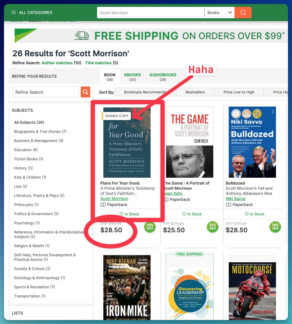 Waaaaa. Haha, some whack brain wants $149.95 for a signed copy of #ScottMorrison's book on #eBay, waaaaaaaaaaaaaa and BOOKTOPIA has it brand new SIGNED for 19% off at 28.50

They must have been to a Scotty Sermon “Be positive” hahahahaha.

Fk some people ride unicorns to the…
