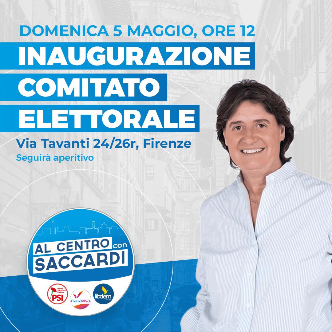 Vi aspetto Domenica 5 Maggio alle 12.00 per l’inaugurazione del Comitato Elettorale. 
#alcentroconsaccardi
#stefaniaperfirenze