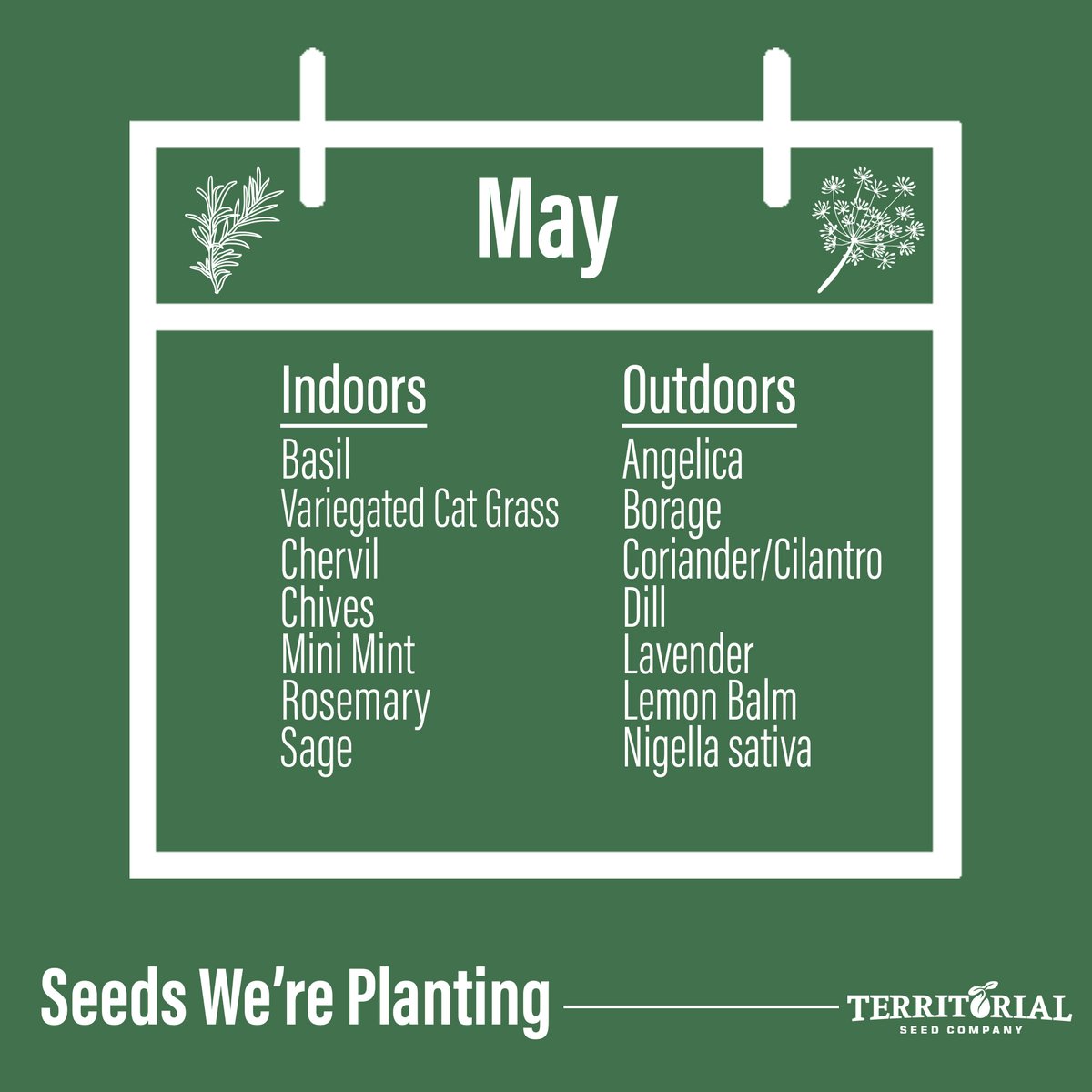 Happy May! Here are some herbs we'll be starting throughout the month in Cottage Grove, OR. What are you planting in your area? 💚🌱
