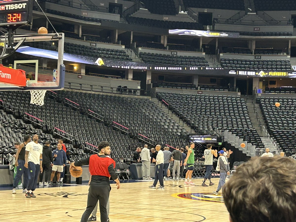 Timberwolves staff over in the distance there around Chris Finch, seemingly workshopping where he’s going to sit tomorrow near the scorer’s table and the bench. Micah Nori said the plan is to have him as close as possible to the floor