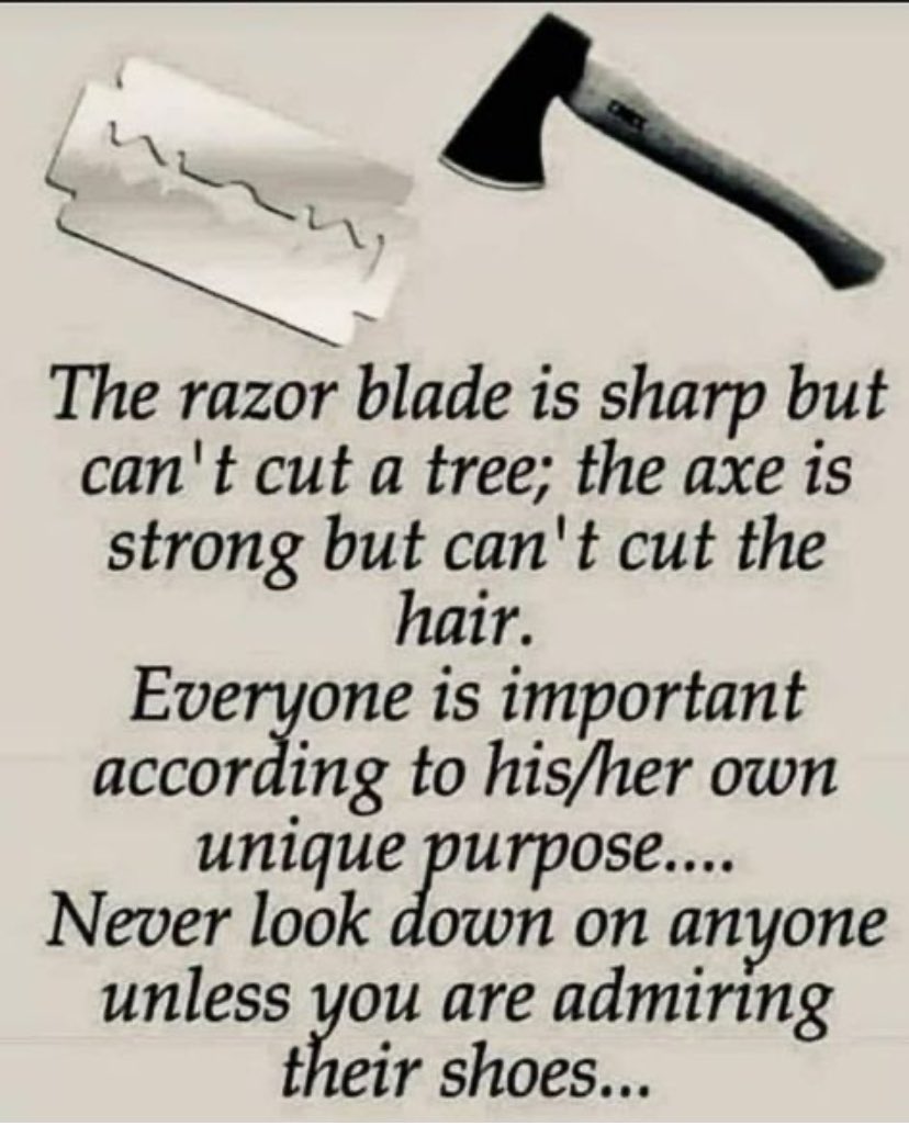 While a razor blade excels in precision, an axe triumphs in strength. Just as these tools have distinct qualities, individuals have unique strengths and talents. Embrace diversity and appreciate the richness it brings to our world. #EmbraceDiversity #AppreciateUniqueness