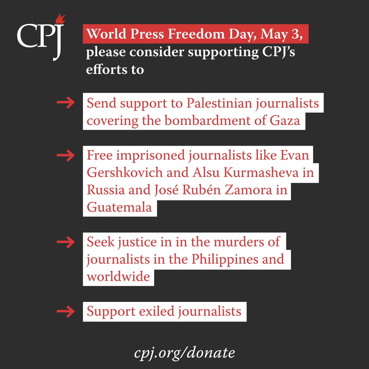 This #WorldPressFreedomDay, please consider donating to CPJ to support our efforts to stand with journalists worldwide. cpj.org/WPFD-donate #RussiaUkraineWar #EvanGershkovich #Israel #Gaza