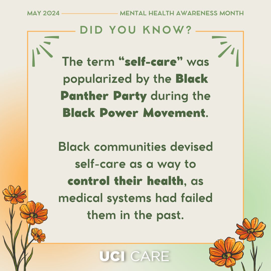 In honor of Mental Health Awareness Month, check out this quick history on "self-care" and how it is deeply embedded in the Black Power movement of the 1960s and ’70s. Read more: teenvogue.com/story/the-radi…

#UCI #UCICARE #MentalHealthAwarenessMonth