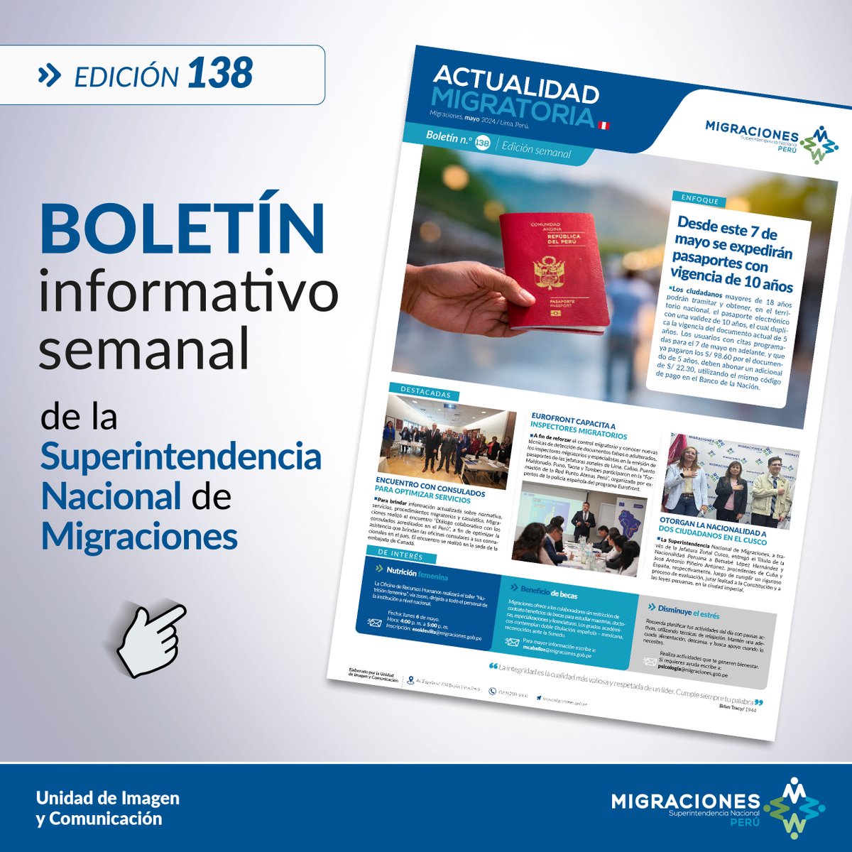 #BoletínInformativoSemanal 
📰 Actualidad Migratoria 📰 Edición 138
Entérate de las últimas noticias sobre #MigracionesPerú

✅ Descárgalo AQUÍ ➡ gob.pe/es/i/5526277