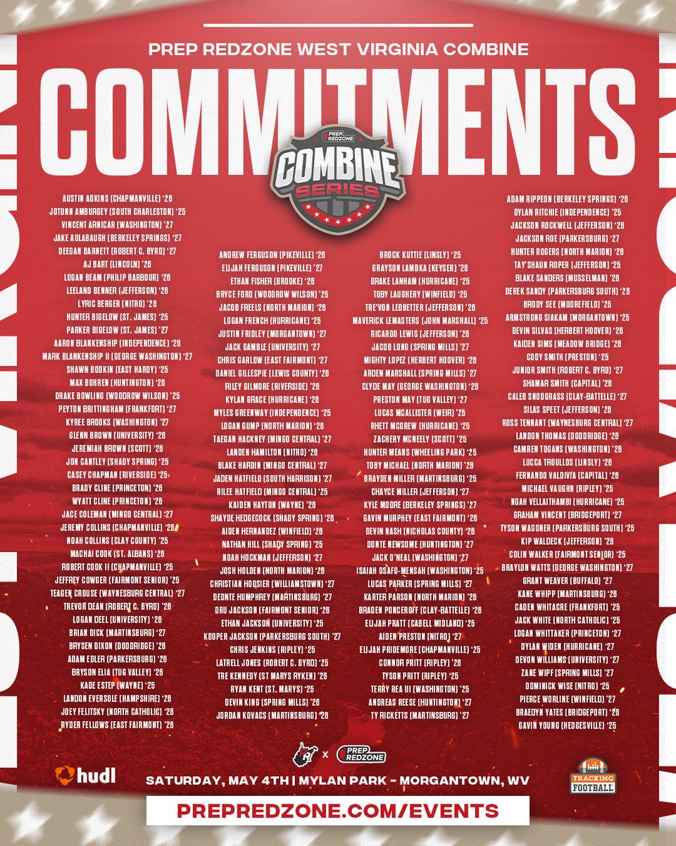 🗣️ Final Roster for Tomorrow’s Combine!

Excited to see these 1️⃣5️⃣0️⃣+ athletes competing at Mylan Park at 3:30! 

If anymore colleges would like to attend please let us know! 

Safe travels to all who are attending! 

#wvprepfb