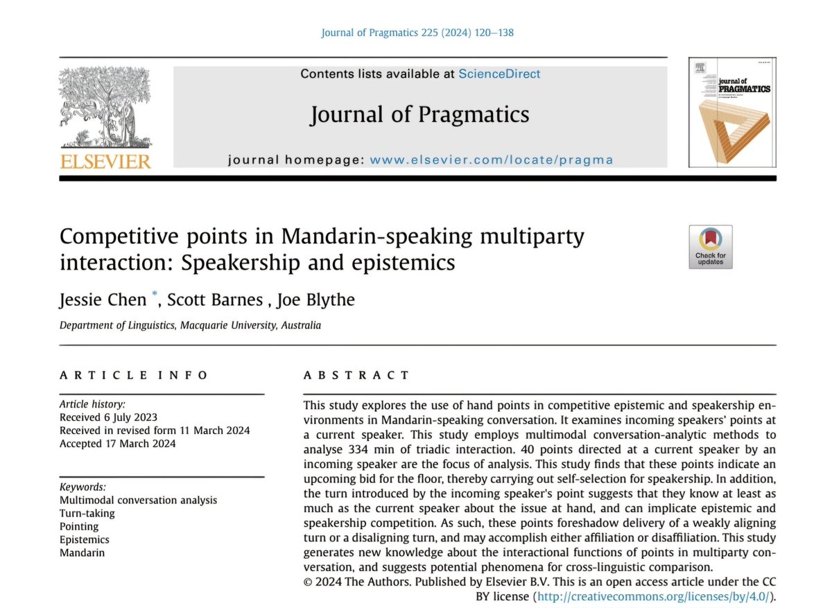 ✨️ #EditorsChoice ✨️ from May Issue 225 #JournalofPragmatics

#epistemics #Mandarin #multiparty #interaction by Jessie Chen, Scott Barnes &amp; Joe Blythe

💻 (open access) sciencedirect.com/science/articl…