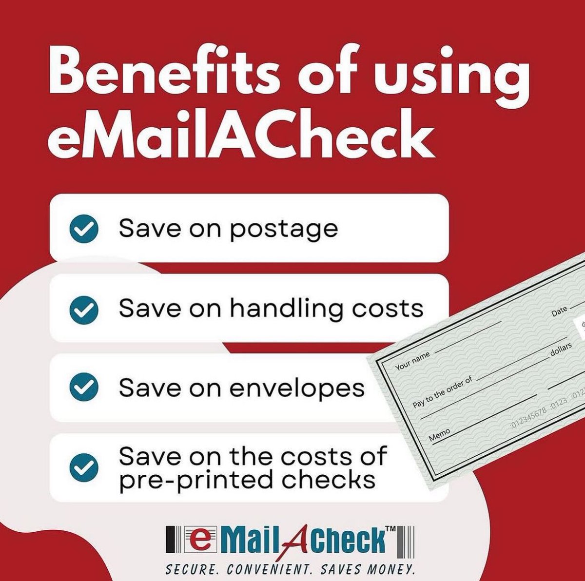 These are just some of the amazing benefits of using eMailACheck!

Visit our website to learn more and get started: emailacheck.com 

#emailacheck #onlinechecks #onlinepayments #makepaymentsonline