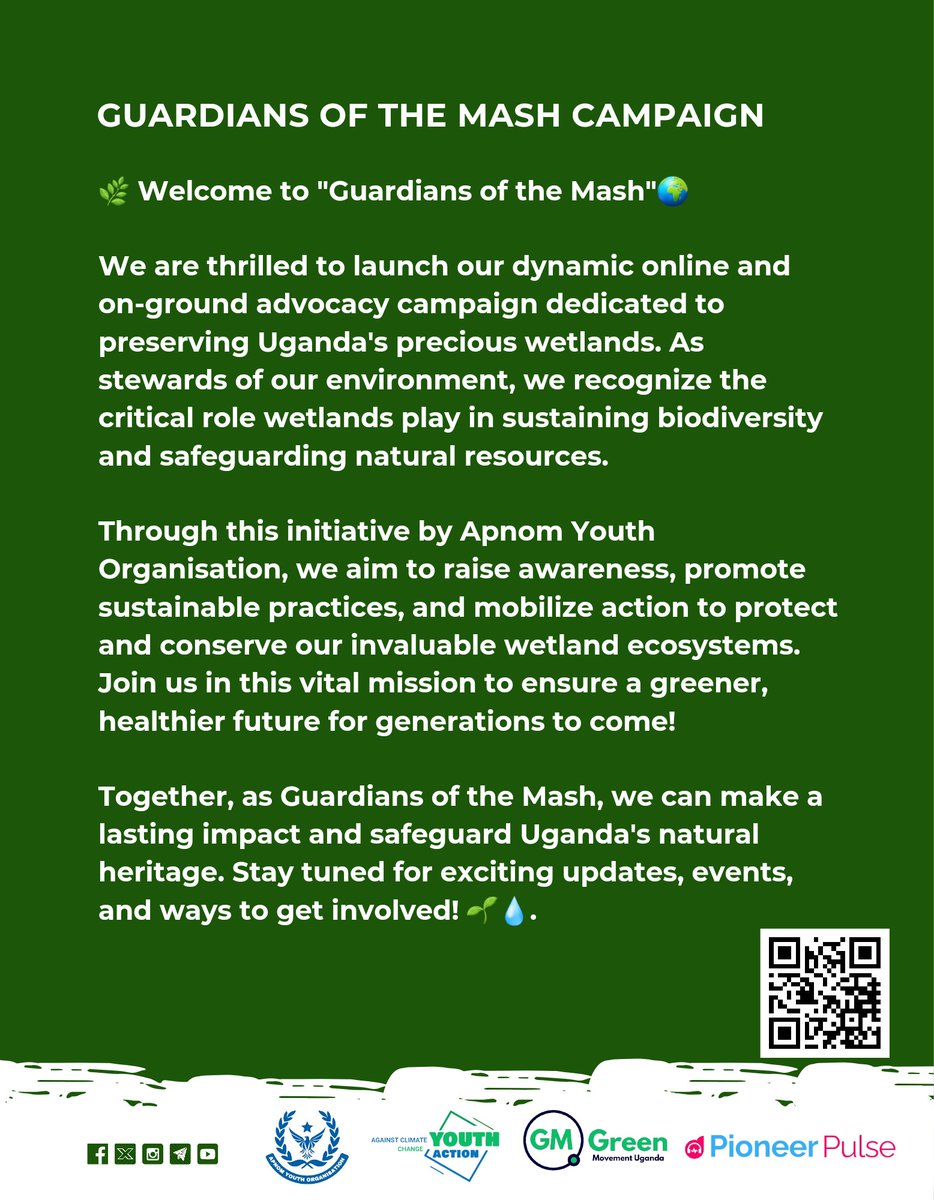 After careful consideration and extensive research, Apnom Youth Organisation is proud to announce the implementation of our impactful 'Guardians of the Mash' campaign. Let's unite to protect Uganda's wetlands for a sustainable future! 🌿💧 #WetlandConservation #GuardiansOfTheMash