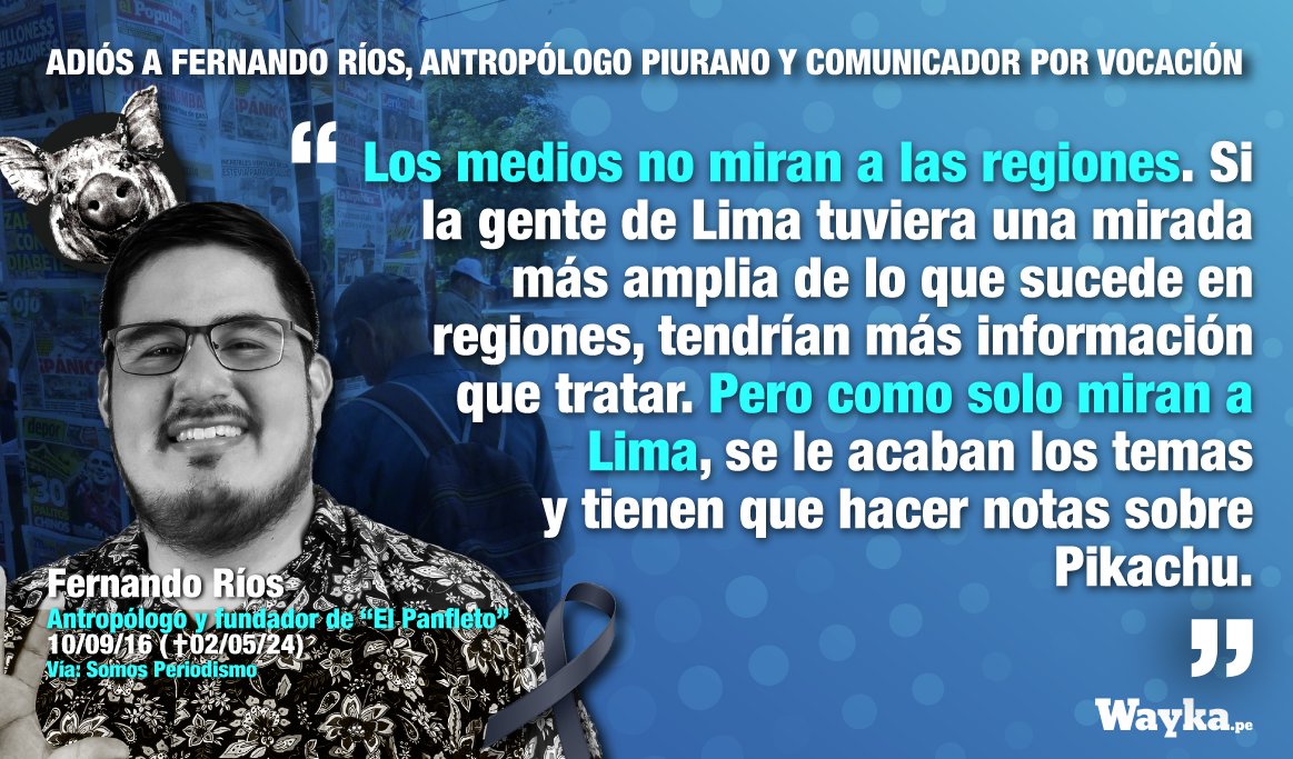 🕊️¡Vuela alto, Fernando! Ayer partió el antropólogo, cumbiólogo y comunicador por vocación piurano Fernando Ríos quien con solo 33 años hizo la diferencia para muchos con alegría, inteligencia, sátira y consciencia social. Sus reflexiones descentralistas, políticas, sociales y…