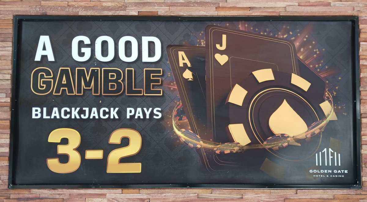 Comfirmed: All Golden Gate blackjack, including Free Bet, pays 3/2. The minimum bet is usually $10 or $15 for eight-deck, $25 for six-deck and Free Bet, and $50 for double-deck.